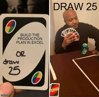Meme: build the production plan in Excel versus draw 25