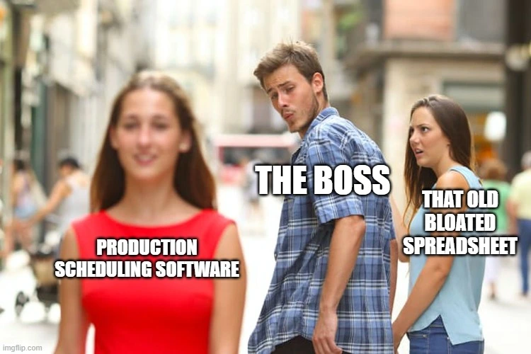 Meme comparing an infinite capacity Gantt chart to a schedule the floor can actually run
